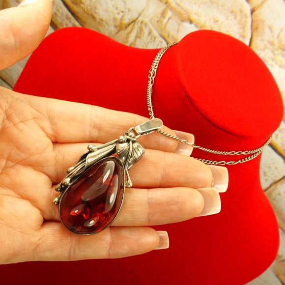 CALLA LILLY BIG AMBER and 925 SILVER PENDANT WITH 19 in STERLING CHAIN - Picture 2 of 10